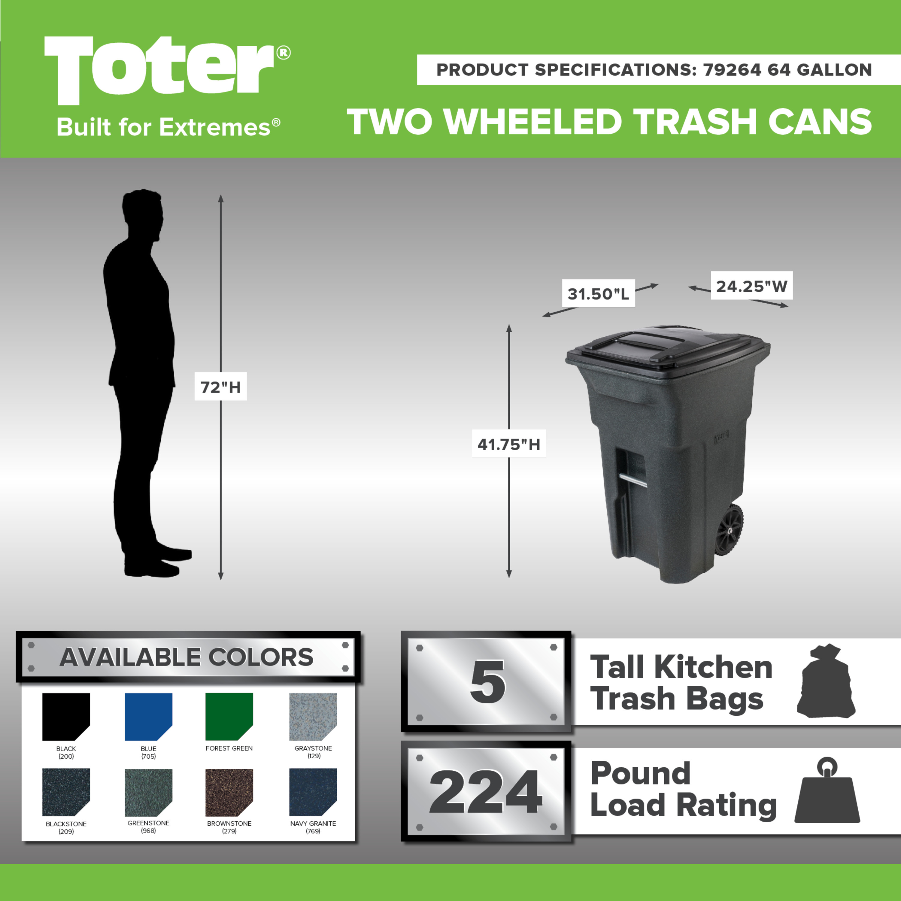 Toter 64 gallon black garbage can with wheels and lid - image 4 of 7