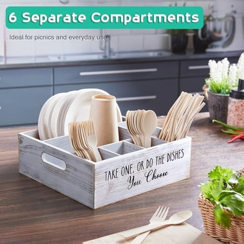 Rustic White Plate and Utensil Caddy, 6-Compartment Paper Plate and Cutlery Holder with Handles, Kitchen and Party Organizer for BBQs, Picnics, and Gatherings