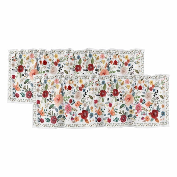 Watercolor Flowers Curtain Valances for Windows, Kitchen Valance Window Treatments Panel 2 Pack, Farmhouse Spring Floral Botanical Rod Pocket Short Curtains for Bathroom Bedroom 54 x 18 Inch