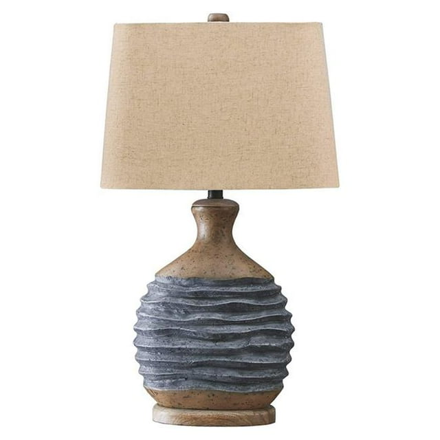 Benjara BM231950 Fabric Shade Table Lamp with Textured Base, Beige & Grey