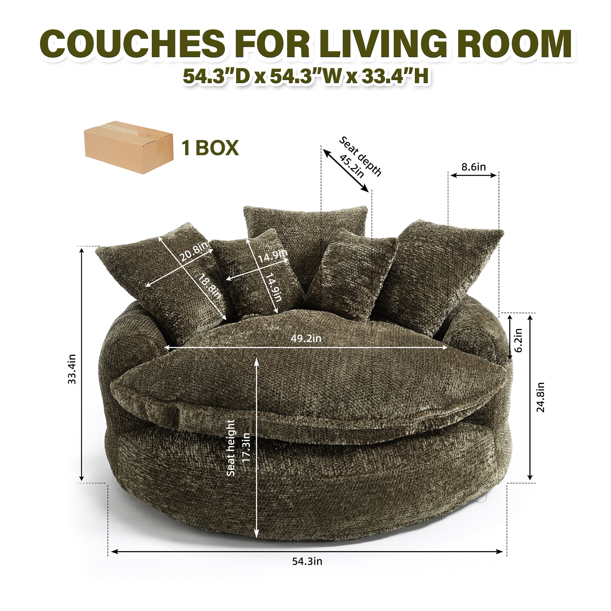 Aukfa 55" Oversized Round Chaise Lounge Chair, Fluffy Deep Seat Cloud Floor Sofa, Modern No Assembly Couch, Olive