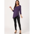 thumbnail image 3 of Blusas de túnica elástica casual con cuello redondo y manga 3/4 para mujer Morado Oscuro S, 3 of 6