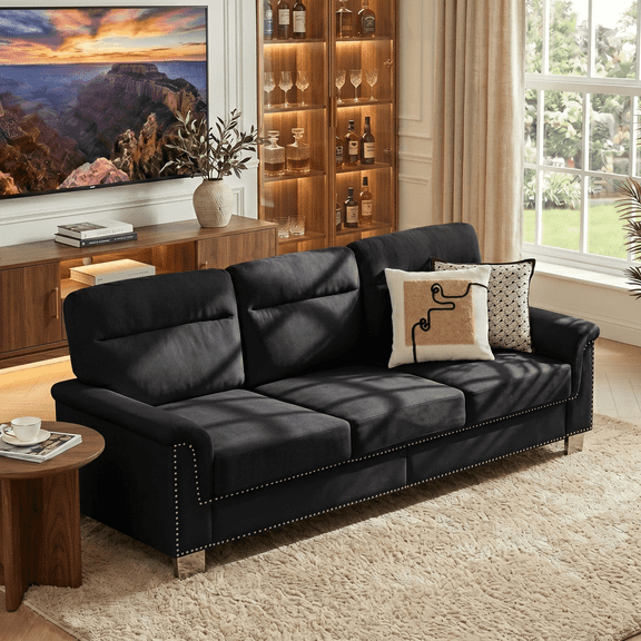 KavlSean 82" Velvet Comfy Upholstered Cloud Couch, 3-Seater Deep Seat Sofa with Removable Cushion & Nailhead Trim, Modern Compress Couch with Curved Armrest, Easy Assembly for Living Room, Apartment