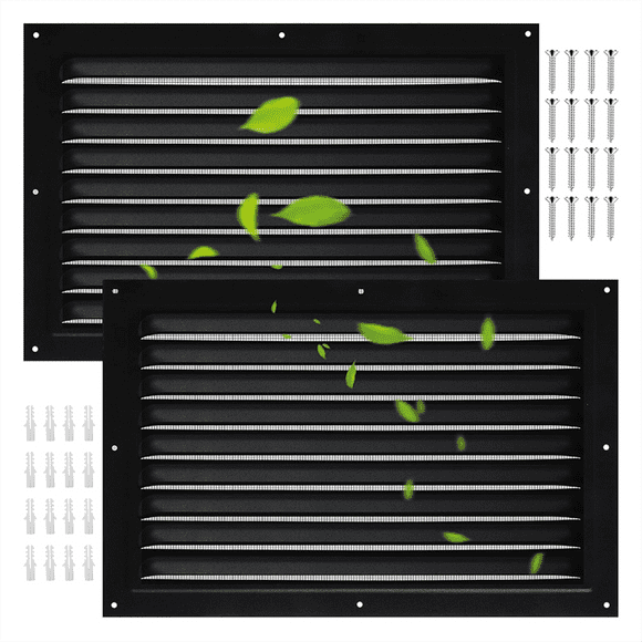 2 Pcs Évent de Grenier 8x12 Pouces Évents de Cabane en Métal Grille de Ventilation Persienne avec Moustiquaire pour Garage Intérieur Extérieur, 2 * Évent de Grenier 1 Ensemble * Vis, Noir