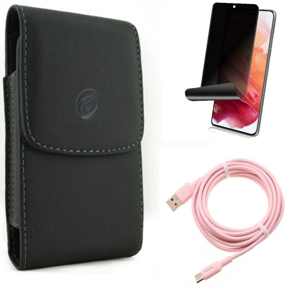 Case Belt Clip & 10ft Long USB-C Cable & Privacy Screen Protector for Samsung Galaxy S22 (6.1") - Leather Holster & Pink Charger Cord & TPU Film Fingerprint Works Accessory Bundle