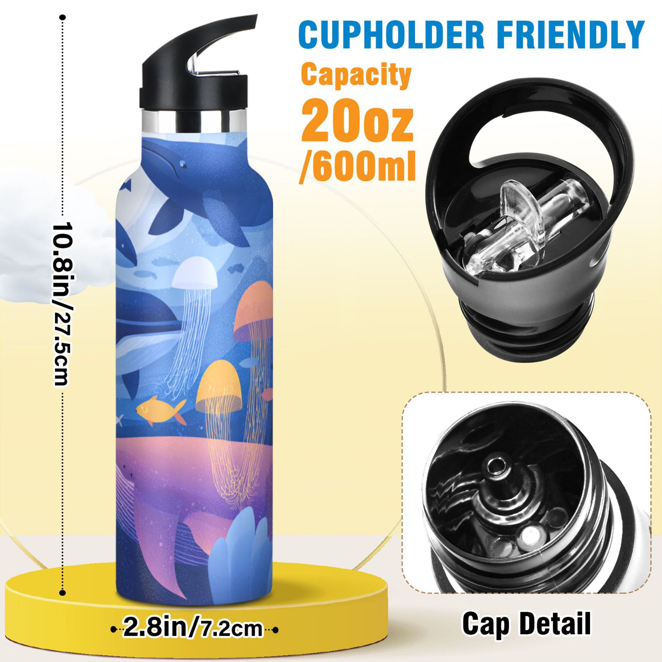 Kids Insulated Stainless Steel Sports Water Bottle 600ml (20oz) Whales and Dolphins Pattern