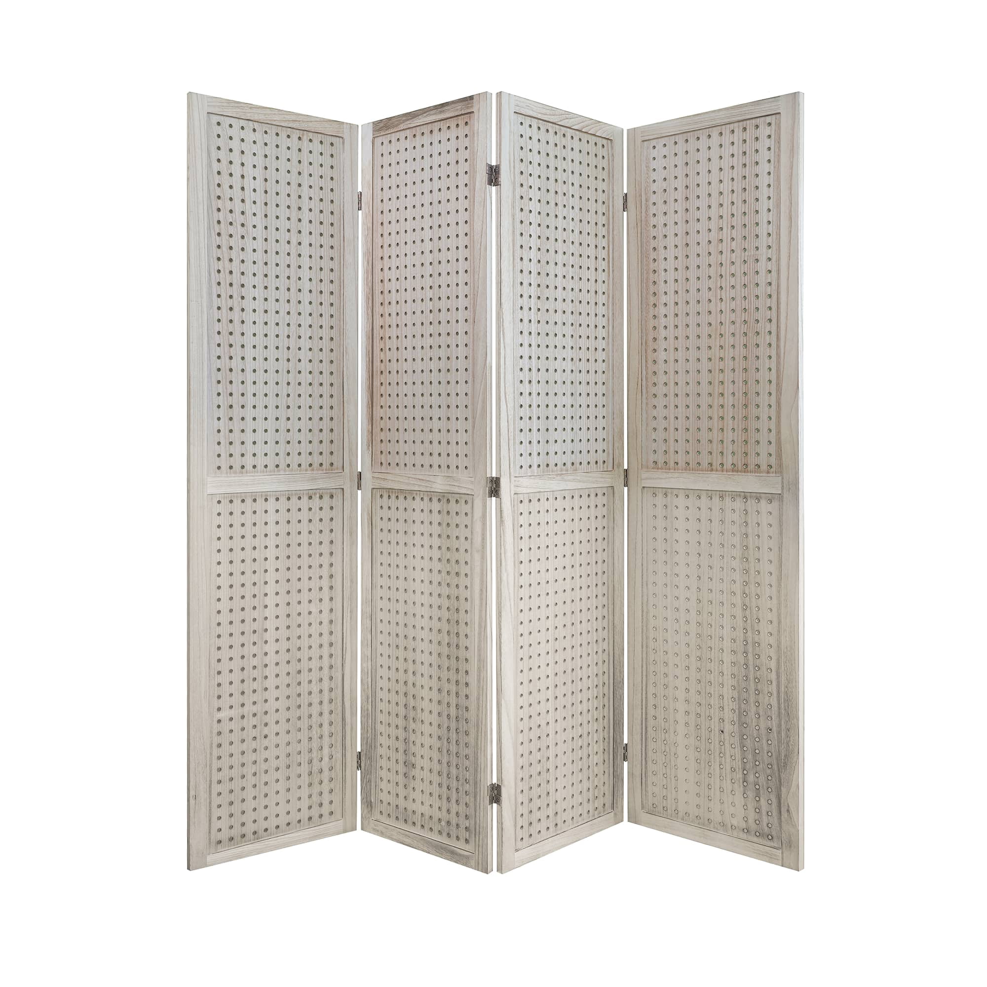 MAYEERTY 4 Panel Room Divider, 5.6Ft Wooden Freestanding Privacy Screen with Shelves, Natural Wood