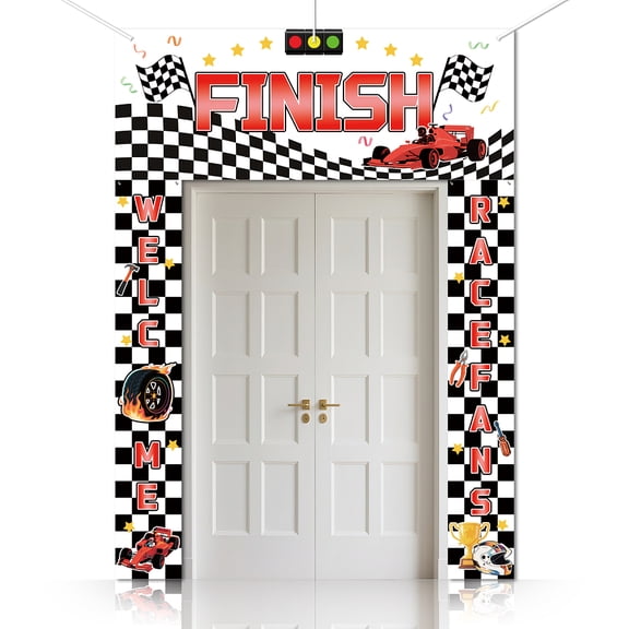 3 Pcs Race Car Birthday Party Decorations Porch Sign Banner Checkered Flags Racing Car Hanging Door Banner for Boys Photo Backdrop Baby Shower Party Supplies DIY
