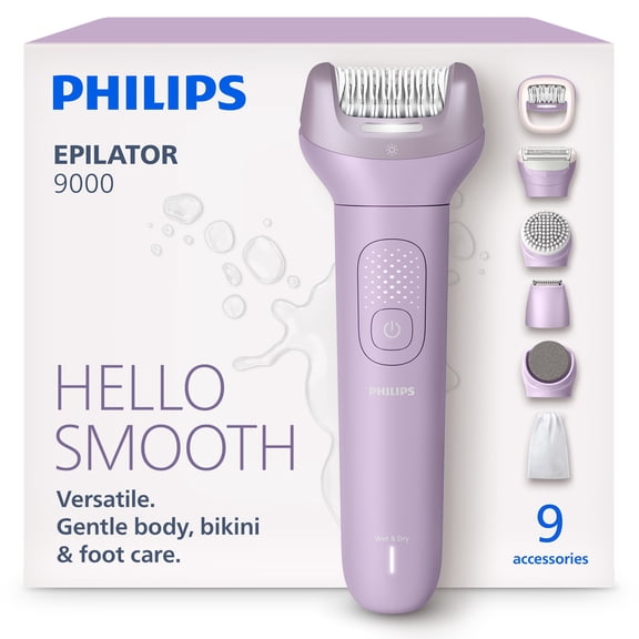 Philips Epilator Series 9000 - Cordless Wet and Dry Electric Epilator, Hair Removal For Legs, Body and Bikini, with Proguide, 9 Accessories Including Pedicure Head, 60 Min. Runtime, Model BRE728/00