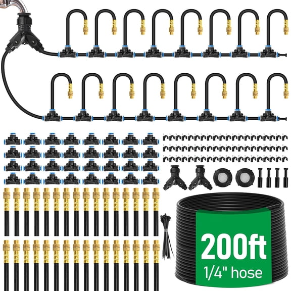 200Ft 1/4" Drip Irrigation System, 2026-Upgrade Garden Irrigation Kit with 32pcs Adjustable Copper Nozzles, Atomizing Watering System for Outdoor Plants, Raised Bed, Yard,Potted Plant, Lawn