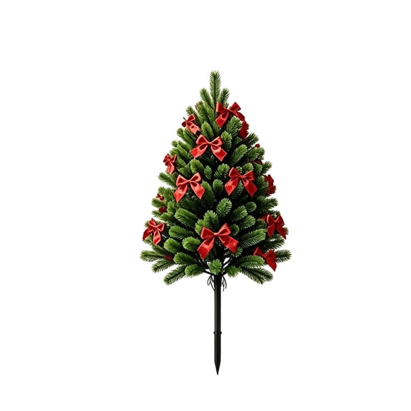 Artificial Mini Christmas Tree Garden Stake,22.8in Pine Tree Stake Decorated with Red Velvet Bows,Detachable Ground Spike, Weather‑Resistant Ornament for Yard Lawn Patio Cemetery Christmas Decor
