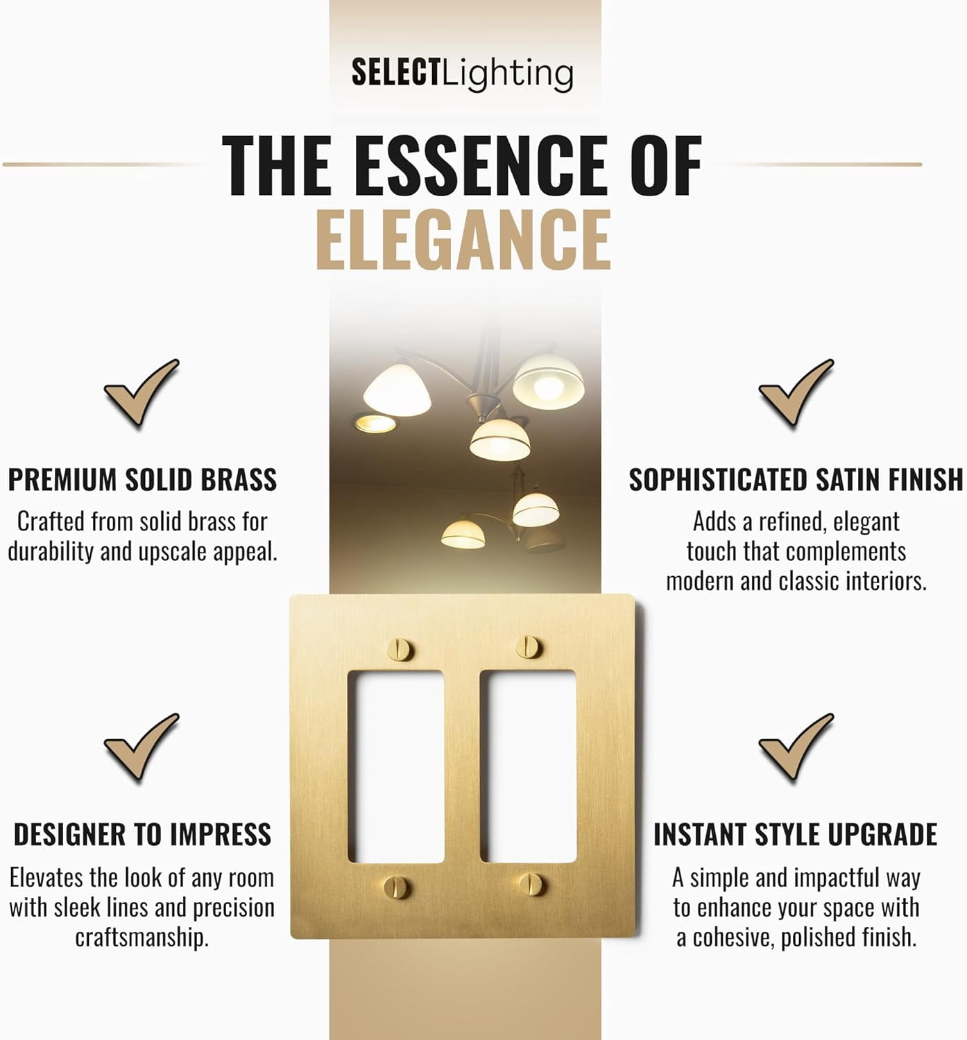 Select 2-Gang Satin Brass Wall Plate, Electrical Receptacle Wall Outlet Faceplate, GFI/Rocker Decorator Light Switch Cover