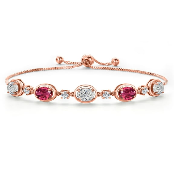 Gem Stone King 18K Rose Gold Plated Silver White Lab Grown Diamond and Pink Tourmaline Bracelet for Women | 3.80 Cttw | Gemstone April Birthstone | Oval 7X5MM | Fully Adjustable 9 inch