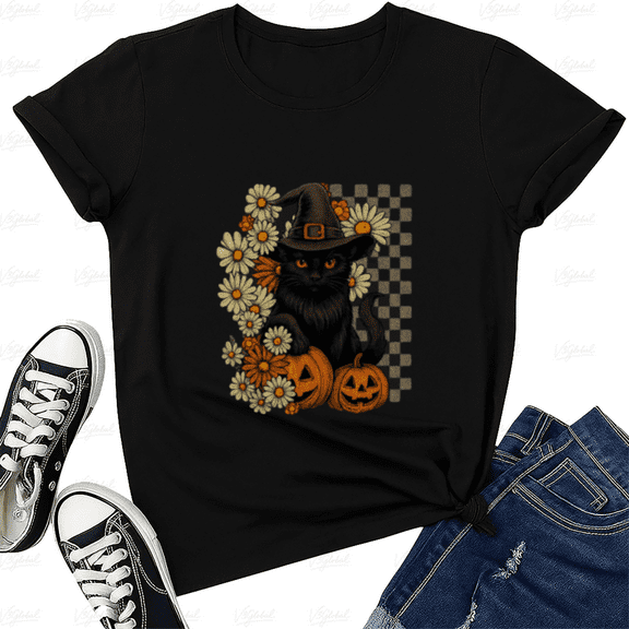 Boho Floral Fall Black Cat Halloween Pumpkin Lover Unisex T-Shirt, up to size 5XL