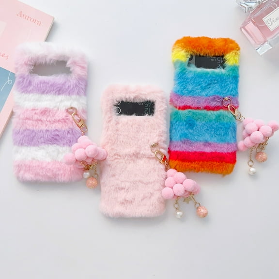 For Samsung Galaxy Z Flip4/Flip3 5G Phone Case，Shockproof Luxury Warm Plush Rainbow Case Cover,PC Slim Stand With Pendant