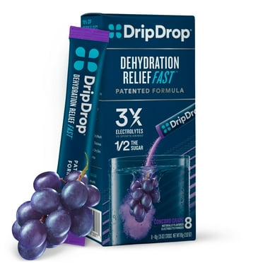 DripDrop Electrolyte Powder Drink Mix for Dehydration Relief Fast, Grape, 0.35 oz, 8 Count Packets