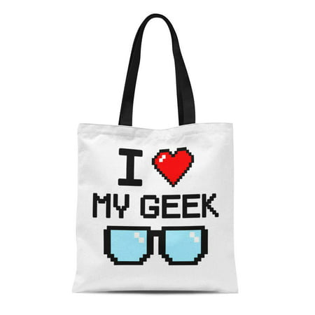 SIDONKU Canvas Bag Resuable Tote Grocery Shopping Bags Green Day Text I Love My Geek with Heart and Glasses in Pixel Style Pink Girl Be Tote Bag