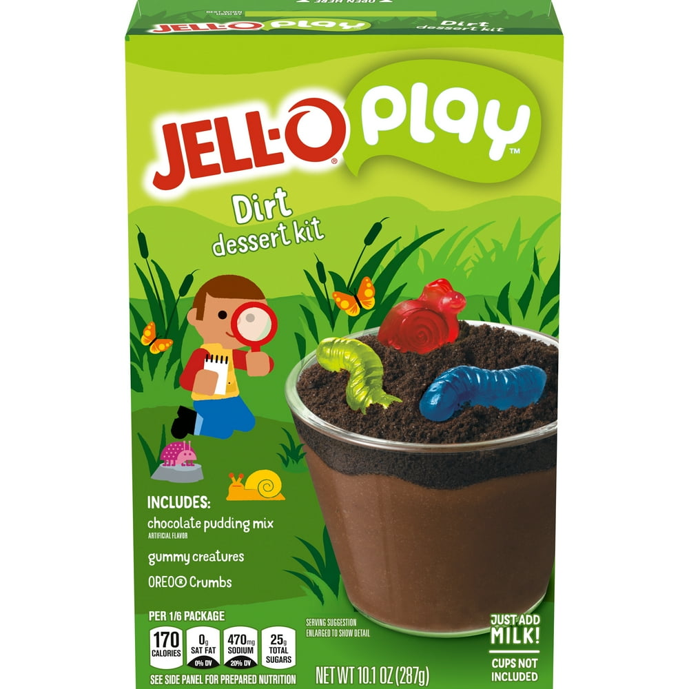 JellO Play Dirt Dessert Kit with Chocolate Pudding Mix, Gummy