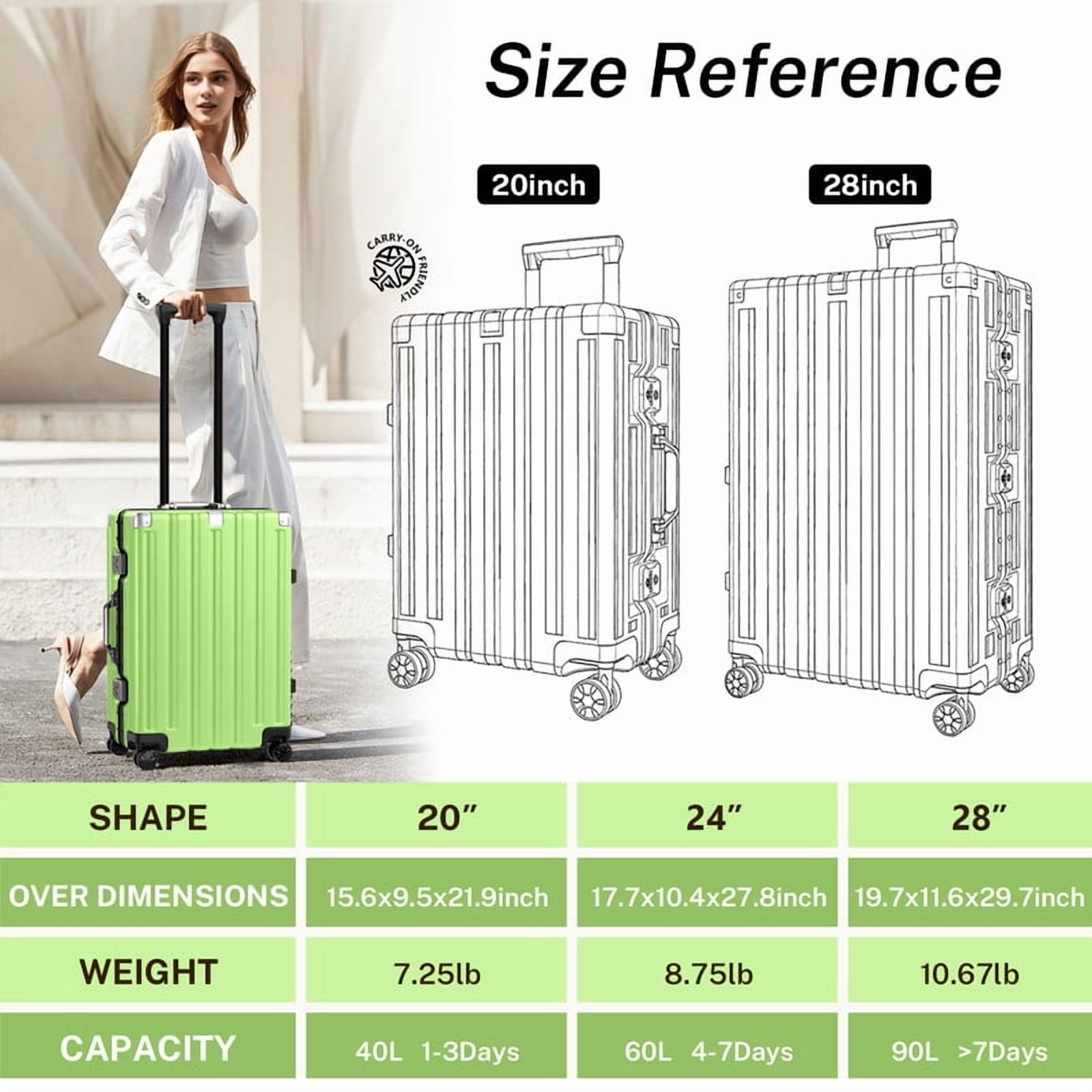 Checked Luggage Aluminum Frame Suitcase with Wheels PC ABS Hardside Zipperless with TSA Lock 24 Inch Green