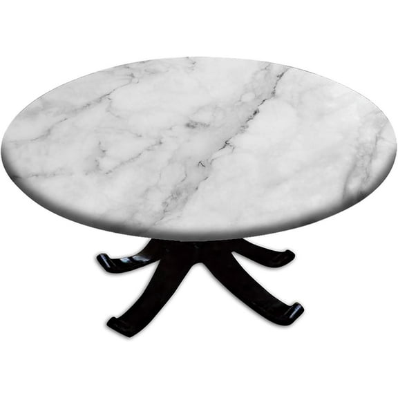 Round Elastic Edge Fitted Table Cover, White Granite Washable Wipeable Table Cover, for Indoor Holiday Family Banquet and Outdoor Patio Use, Fit for 44" Table