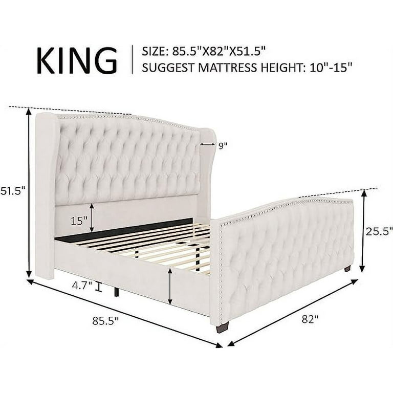  AMERLIFE King Size Platform Bed Frame, Chenille Upholstered  Sleigh Bed with Scroll Wingback Headboard & Footboard/Button Tufted/No Box  Spring Required/Cream : Home & Kitchen