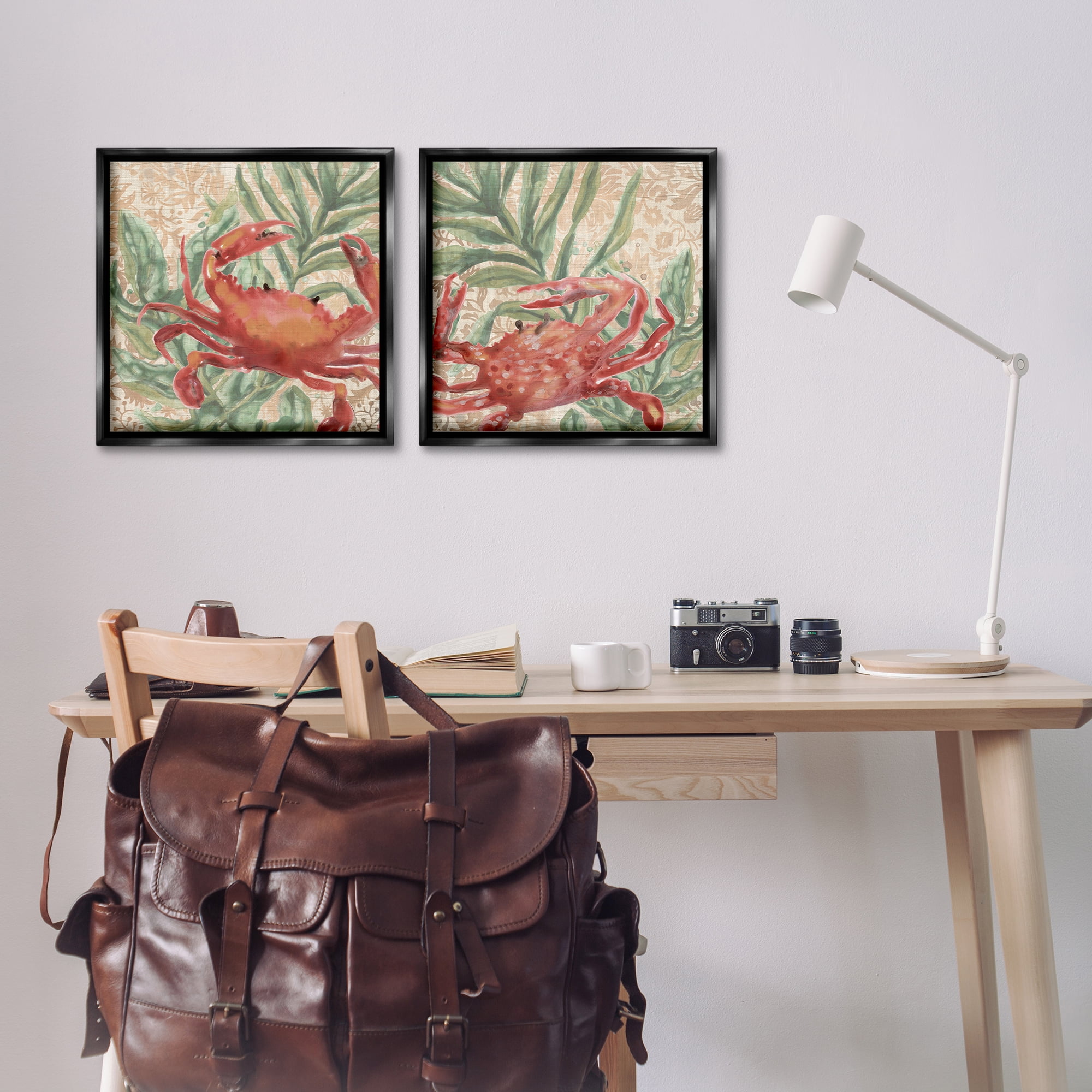 Stupell Industries Red Crab & Seaweed Animals Painting Black Floater Framed Canvas Art Print Wall Art, 18 x 18, Set of 2