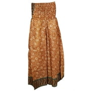 Mogul Women's Split Palazzo Pants Brown Vintage Silk Sari High Waist Maxi Skirt