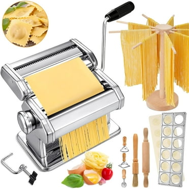 8 Pcs Pasta Maker Machine Set Including Stainless Steel Noodle Maker Machine Wood Pasta Drying Rack Ravioli Stamp Maker Cutter with Pasta Cutter Wheel Mini Rolling Pin Cleaning Brush
