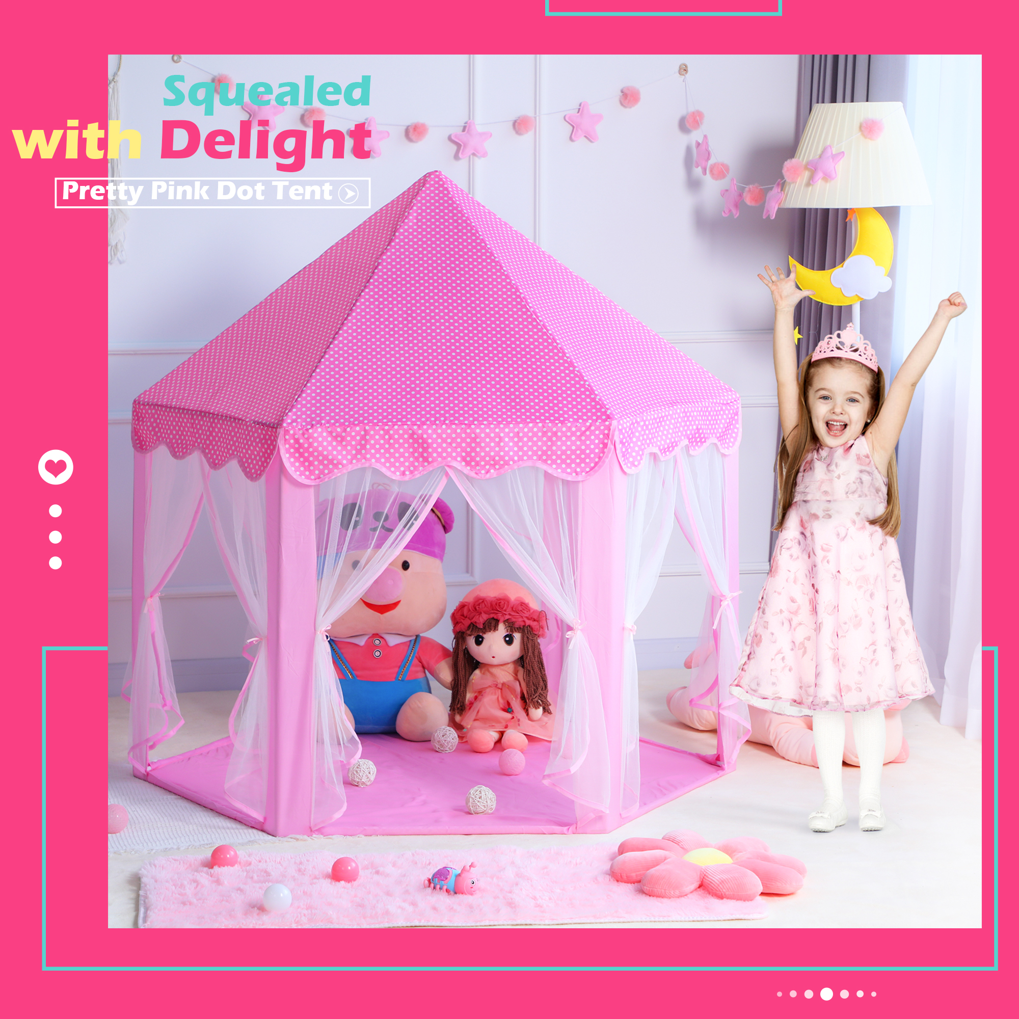 PigPigPen Princess Castle Kids Tent for 3-12 Years Girls Toddlers Playhouse Indoor Outdoor Toys with Star Lights