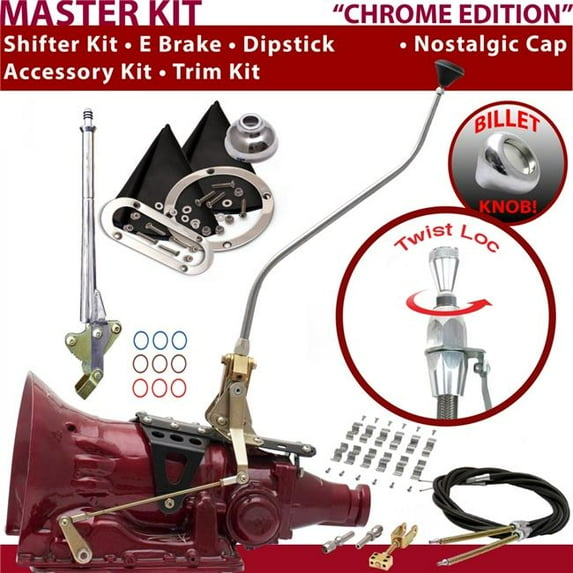 American Shifter AOD Shifter Kit Chrome 23 in. Swan E Brake Cable Clamp Trim Kit Dipstick for F5B9A