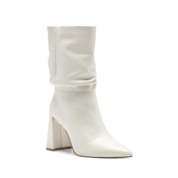 Vince Camuto AMBIE Slouch Pointed Toe Boot FLUFF White Block Heel Booties (6.5, White)