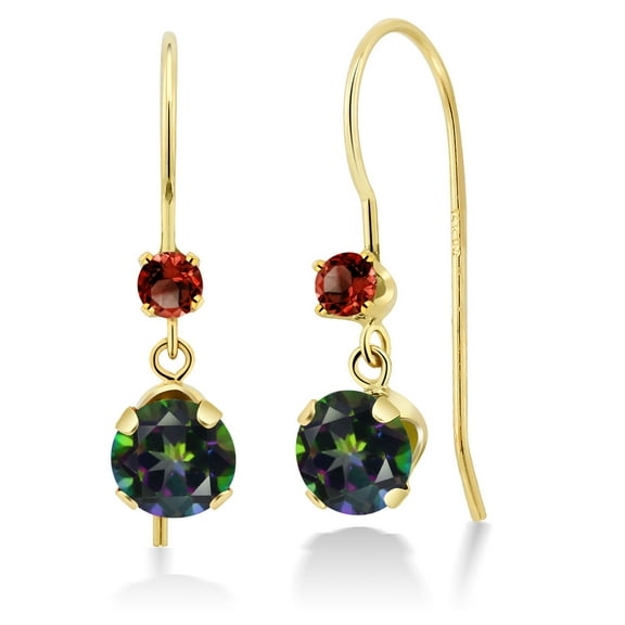 Gem Stone King 14K Yellow Gold Green Mystic Topaz and Red Garnet French Wire Dangle Hook Earrings for Women (2.60 Cttw, Gemstone Birthstone, Round 5MM and 2.5MM)