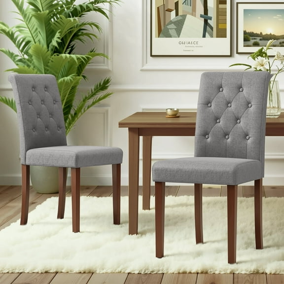 Pirecart 2 PCS Dining Chairs, Kitchen Chairs with Solid Wood Legs, Button-Tufted Parsons Design Upholstered Fabric Chairs, Dark Gray