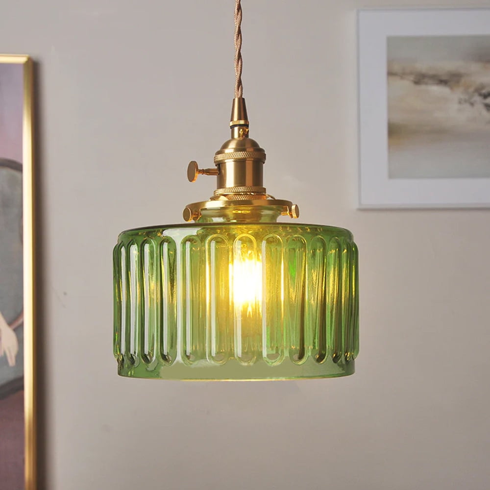 Arturesthome Classic Vintage Green Glass Pendant Light Cylinder Wavy Small Light Fixture