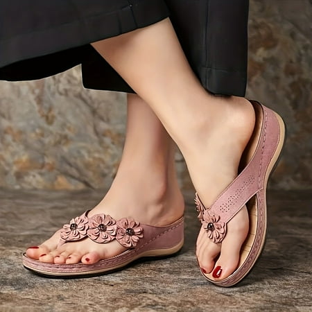 

Women s Flower Decor Flip Flops Solid Color Soft Sole Wedge Slide Sandals Outdoor Summer Slide Shoes