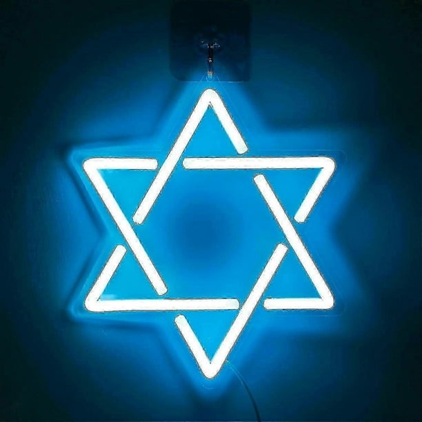 Star Of David Neon Sign, Hanukkah Decorations Blue Six Pointed Star Shape Light Up Acrylic With Usb Powered, Led Neon Light Wall Art Decor For Jews J