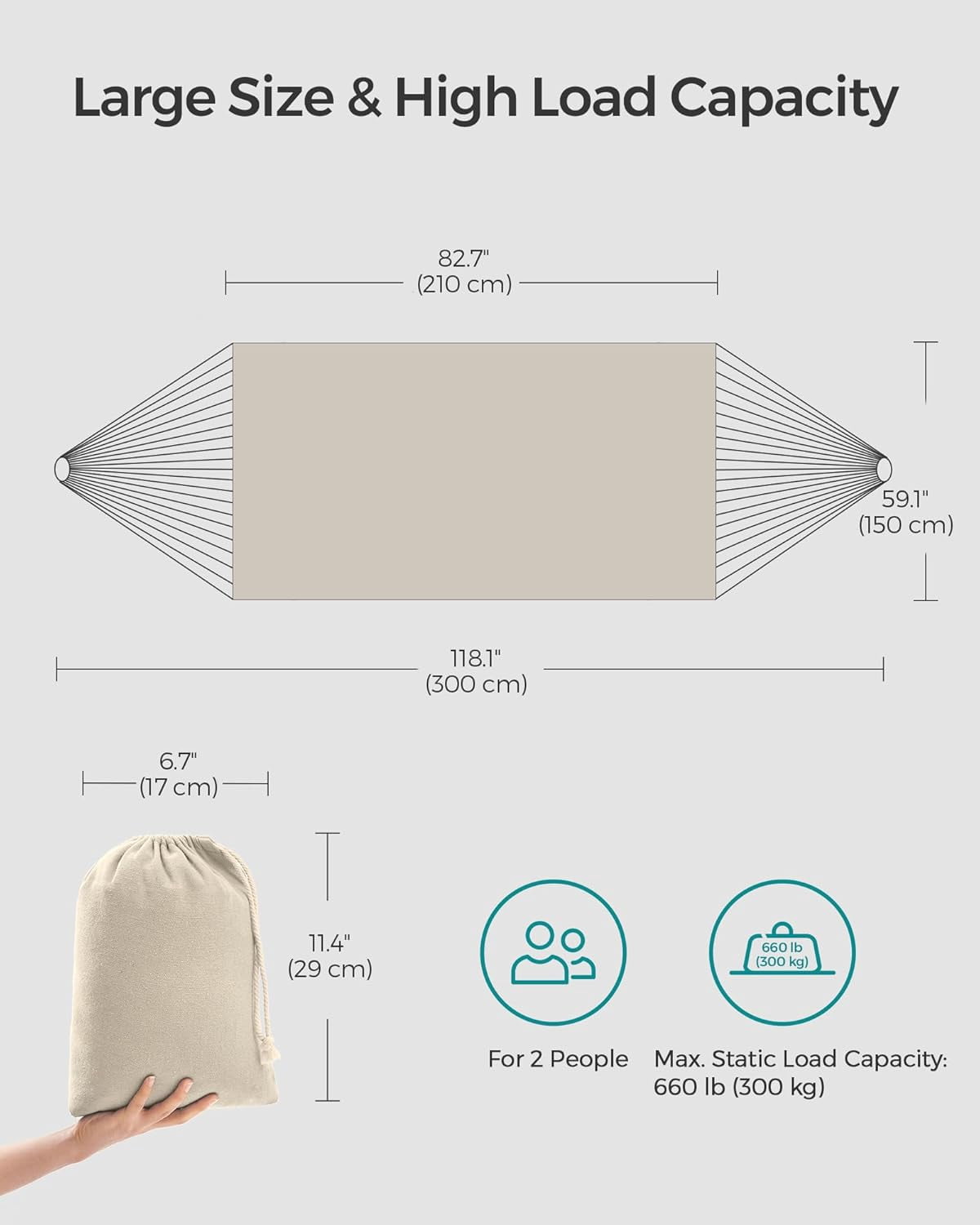 Double Hammock, 98.4 x 59.1 Inches, 660 lb Load Capacity, with Compression Bag, Mounting Straps, Carabiners, for Terrace, Balcony, Garden, Outdoor, Camping, Beige UGDC15M