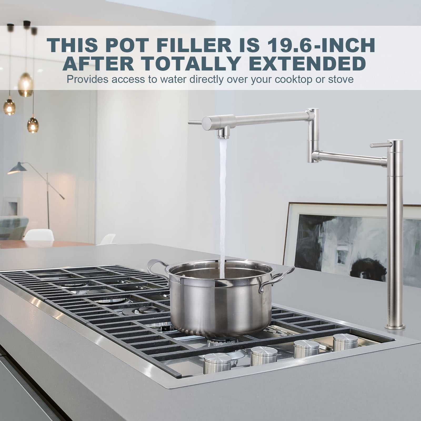 Wowow Pot Filler Faucet Deck Mount Stove Faucet, Solid Brass Pot Filler Brushed Nickel Kitchen Folding Faucet with Stretchable Double Joint Swing Arm