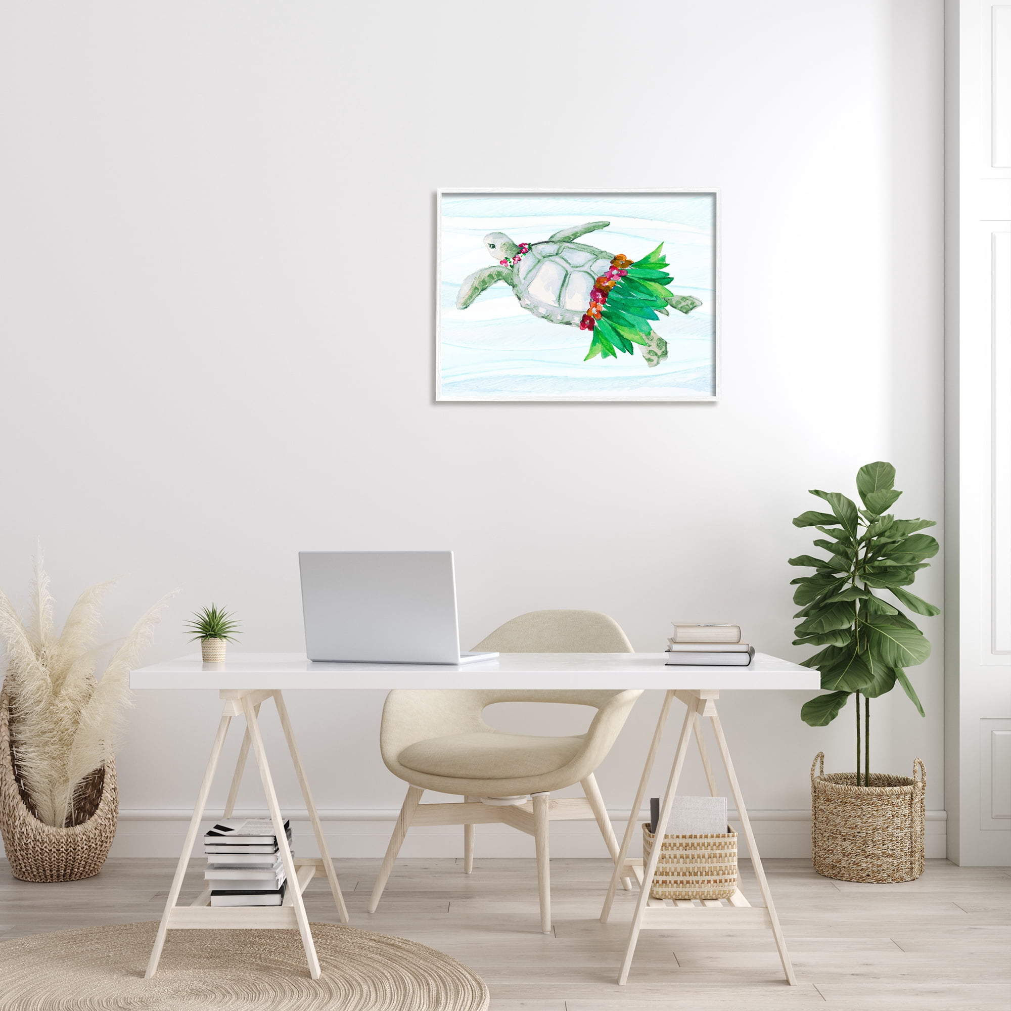 Stupell Hula Turtle Funny Tortoise Landscape Painting White Framed Art Print Wall Art