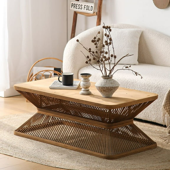 YINGYING Mid-Century Modern Coffee Table, 43.3" Rectangular Wood  Center Table with Woven Bamboo Base, Rustic Boho Low Profile Cocktail Table for Living Room