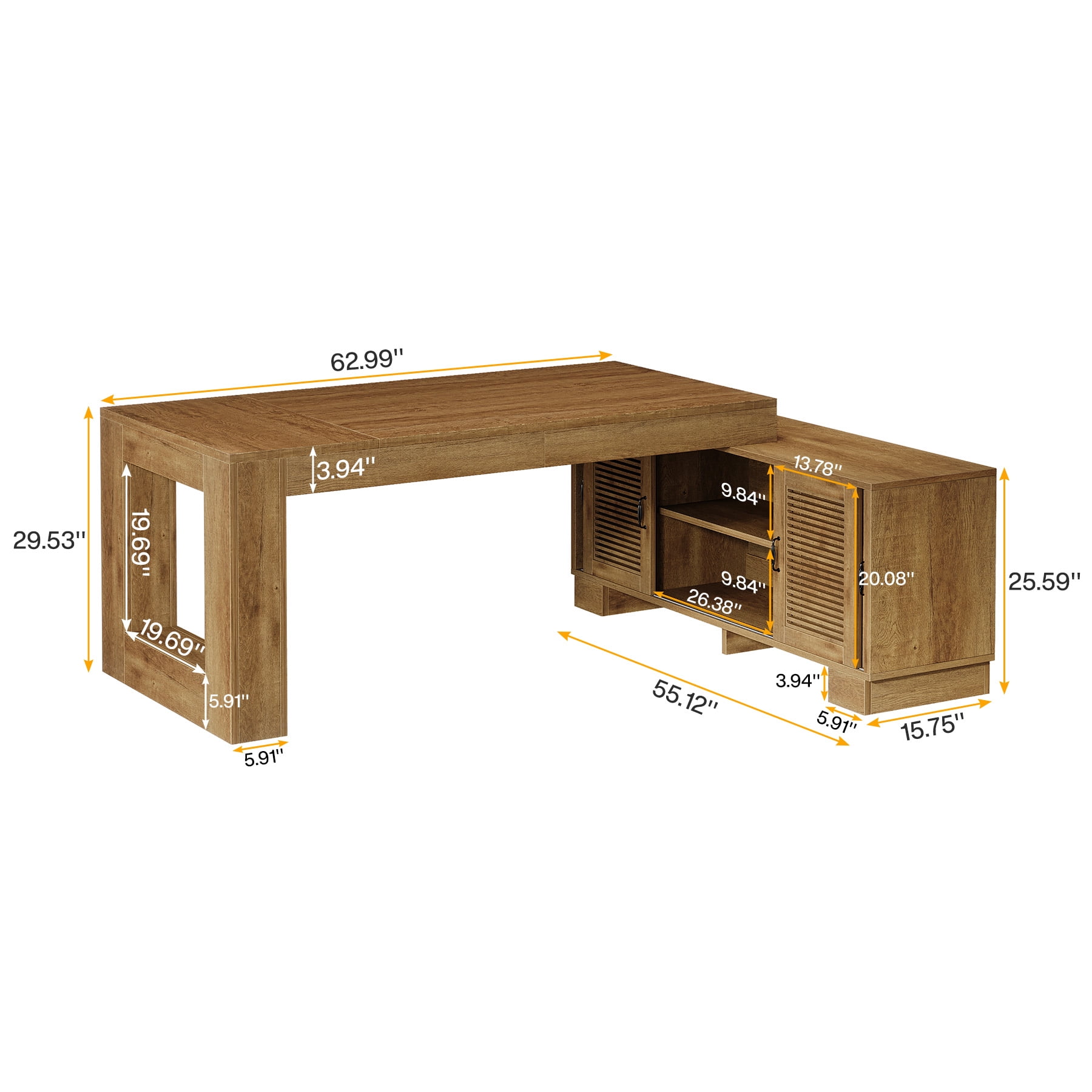 Tribesigns 63" L-Shaped Computer Desk with Storage Cabinets and 2-Tier Shelf, Mid-Century Modern Large Executive Table Workstation for Home Office, Brown