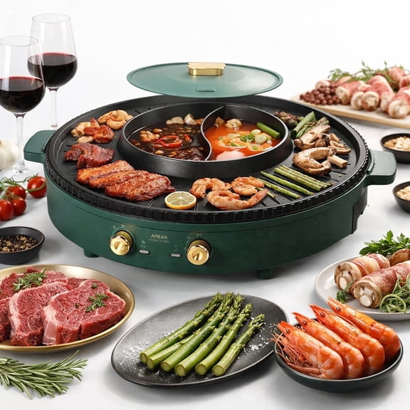 2 in 1 Electric Hot Pot and Grill Combo, Multifunctional 1700W Electric Bbq Pan Grill with Temperature Control, Smokeless Hot Pot for Korean Bbq, Shabu and Soup