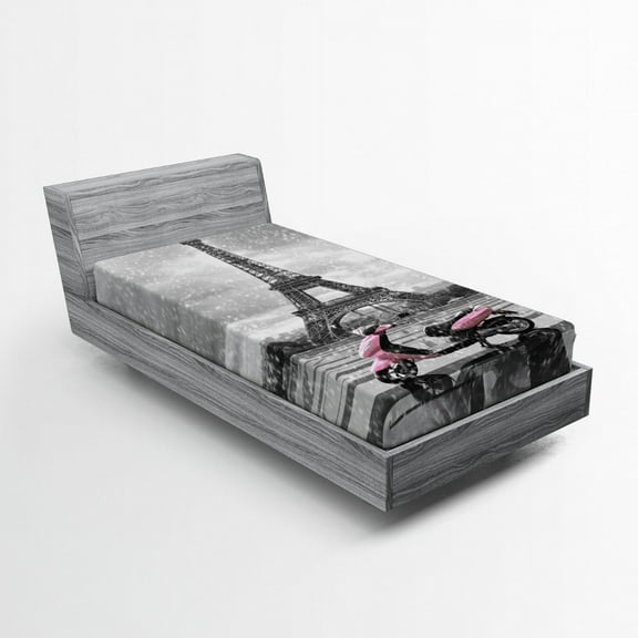 Ambesonne Eiffel Tower Fitted Sheet, Paris Scene Moped, Twin Size, Grey Pink