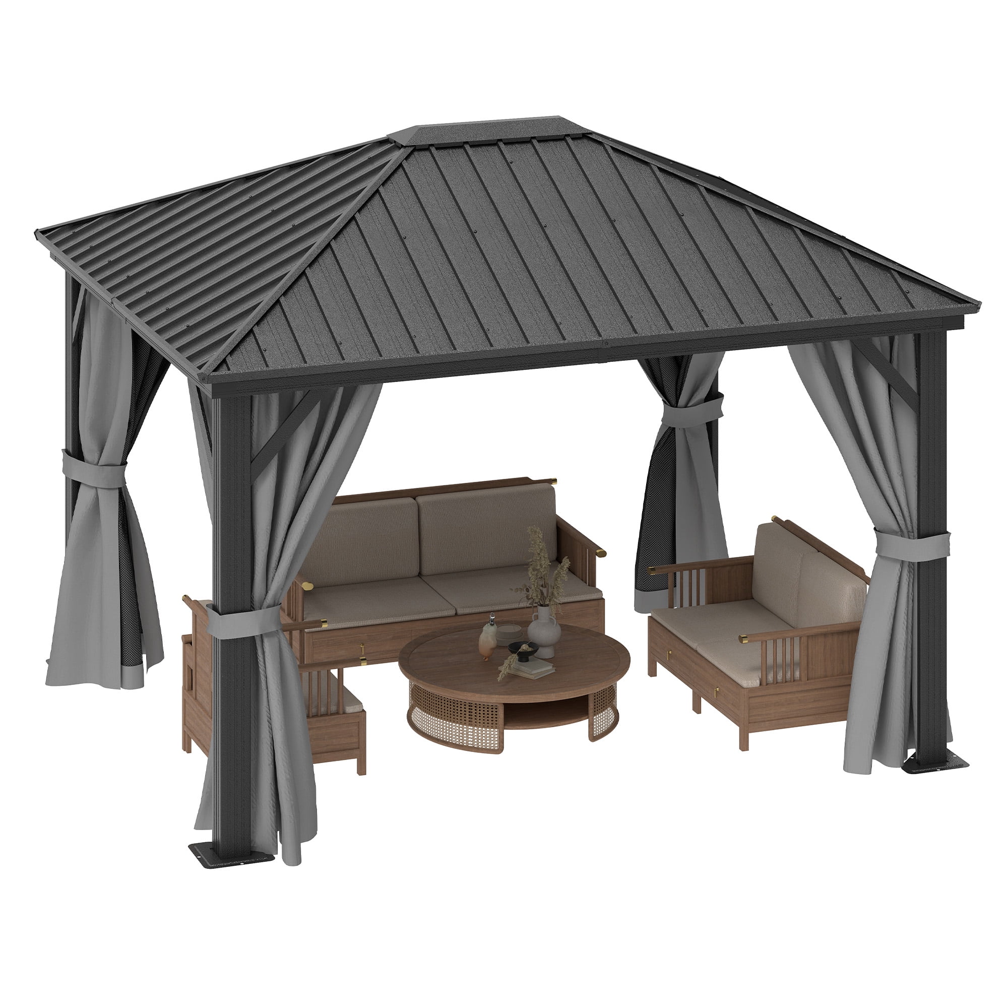 Dextrus 10x12FT Hardtop Gazebo with Nettings&Curtains,Outdoor Galvanized Steel Hardtop for Patio, Backyard, Deck, and Lawns -Grey