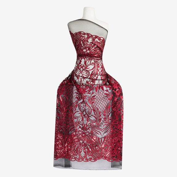 Zelouf Crystal Sequin Embroidery Mesh  , Sewing, DIY, Crafts Fabric by the Yard, Black/ruby, 1 Yard