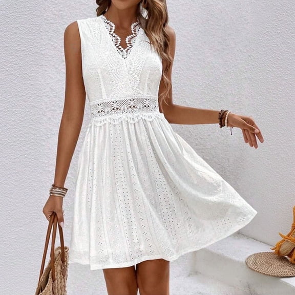 Ayolanni V-Neck Summer Dresses for Women 2026 Casual Midi Solid Color Tank Dress Ruffle Sleeveless Vacation Eyelet Sundress L