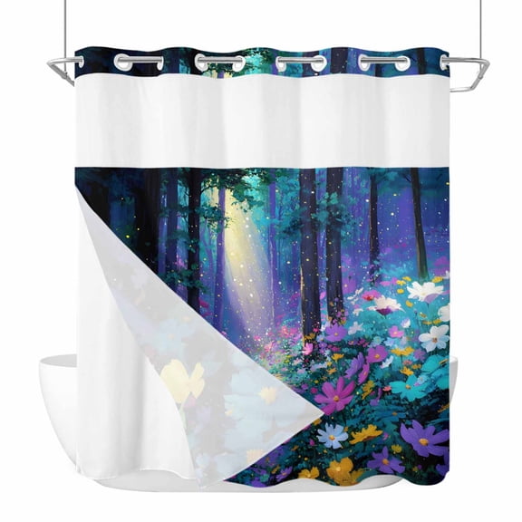 No Hook Colorful Flowers Shower Curtain with Snap in Liner Set, Spring Watercolor Oil Painting Forest Trees Waterproof Bathroom Curtains with See Through Top Window, Hotel Style Long 72 x 78 Inch