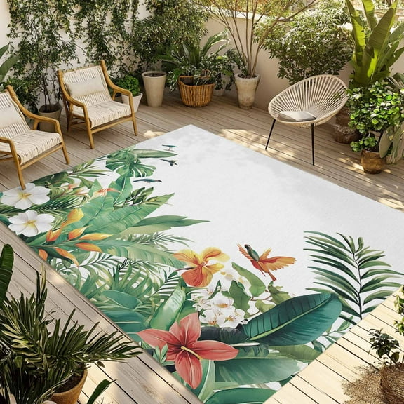 Fsddascl Summer Tropical Botanical Outdoor Rug for Patio/Deck/Porch, Non-Slip Large Area Rug 4 x 6 Ft, Green Leaves Floral Indoor Outdoor Rugs Washable Area Rugs, Reversible Camping Rug Carpet