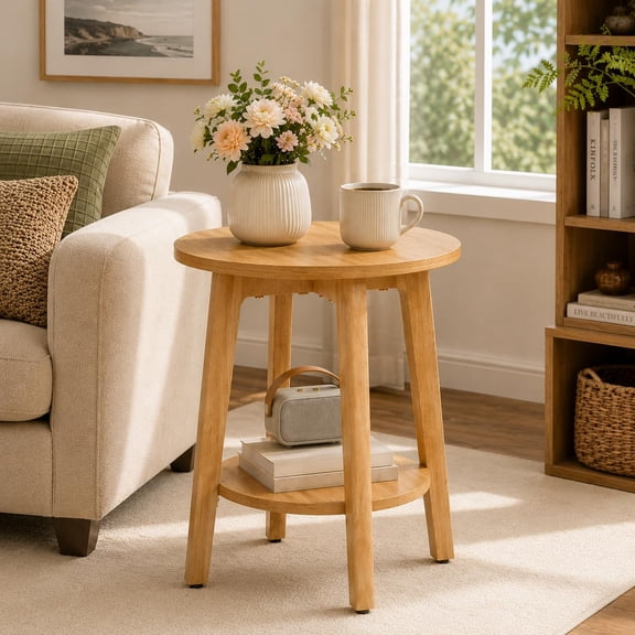 Atilioo 2-Tier Round End Table, Small Side Table with Lower Storage Shelf, Solid Wood Legs for Sofa, Living Room, Bedroom, Natural Wood