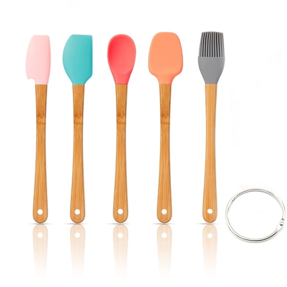 KSENDALO Small Silicone Spatula Set of 5, Mini Silicone Spatula with Wooden Handle, Small Rubber Spatula Scrapers for Kitchen Use, Cooking, Baking & Jar Scraping